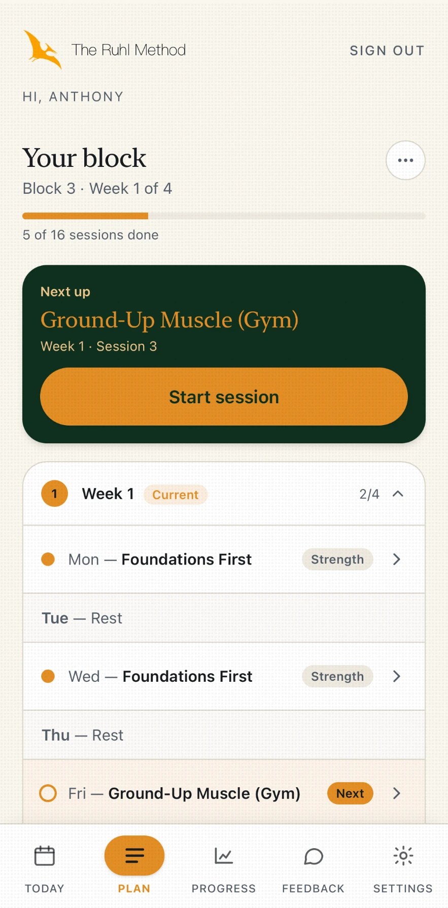 Ruhl Method plan screen showing a four-week block by day