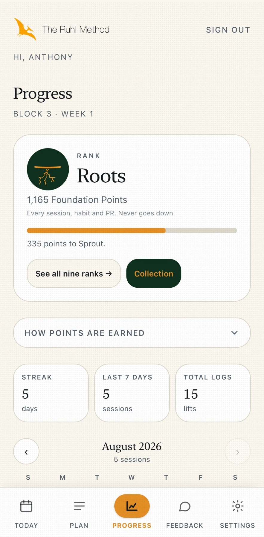Ruhl Method progress screen with rank, streak and session calendar